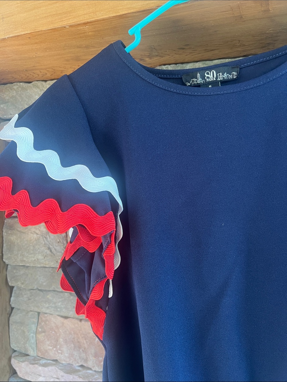 Navy Blouse with Red & White Ruffle Sleeves - Picture 2 of 5
